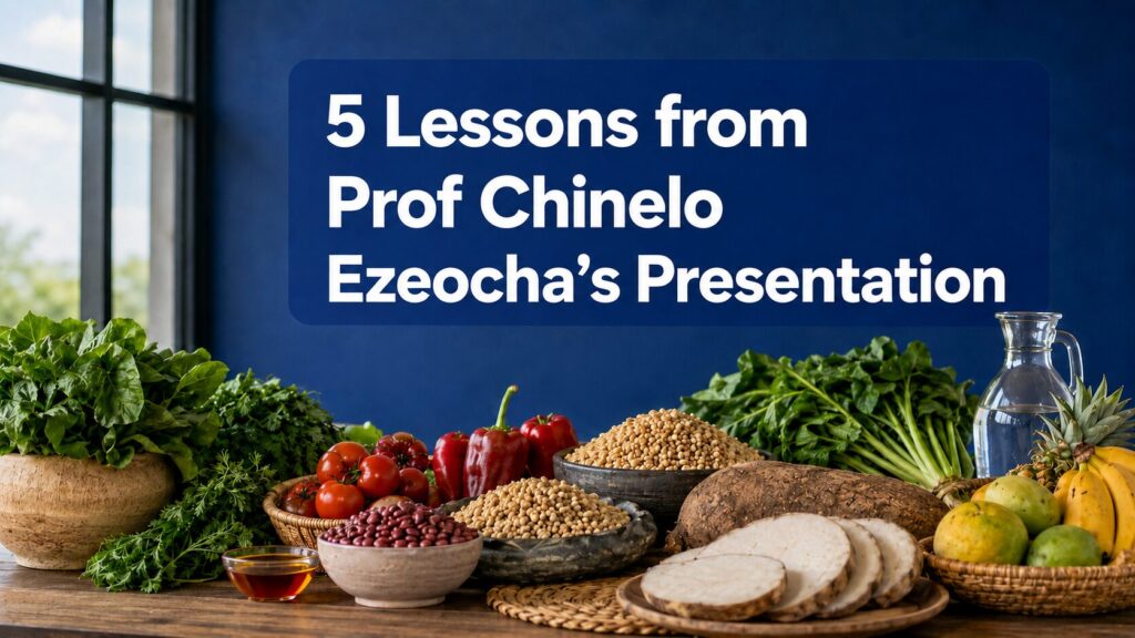 A colourful spread of Nigerian foods with the title 5 Lessons from Prof Chinelo Ezeocha's Presentation