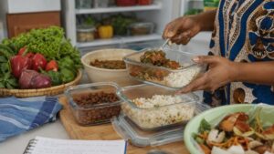 Leftovers being stored safely in reusable containers in a Nigerian kitchen