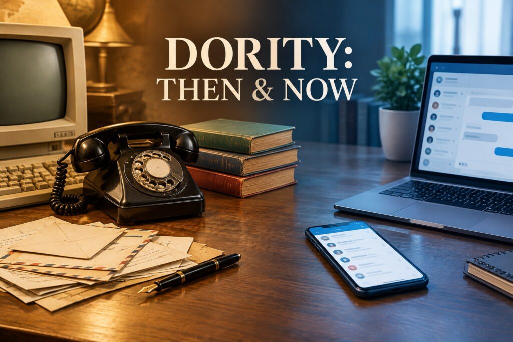 Featured graphic contrasting an old rotary telephone, handwritten correspondence and early computers with a modern smartphone and laptop; no people.
