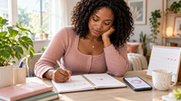 Black woman recording dates in a menstrual cycle journal