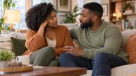 Black couple talking supportively together at home