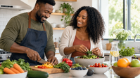 Black couple preparing fresh vegetables together